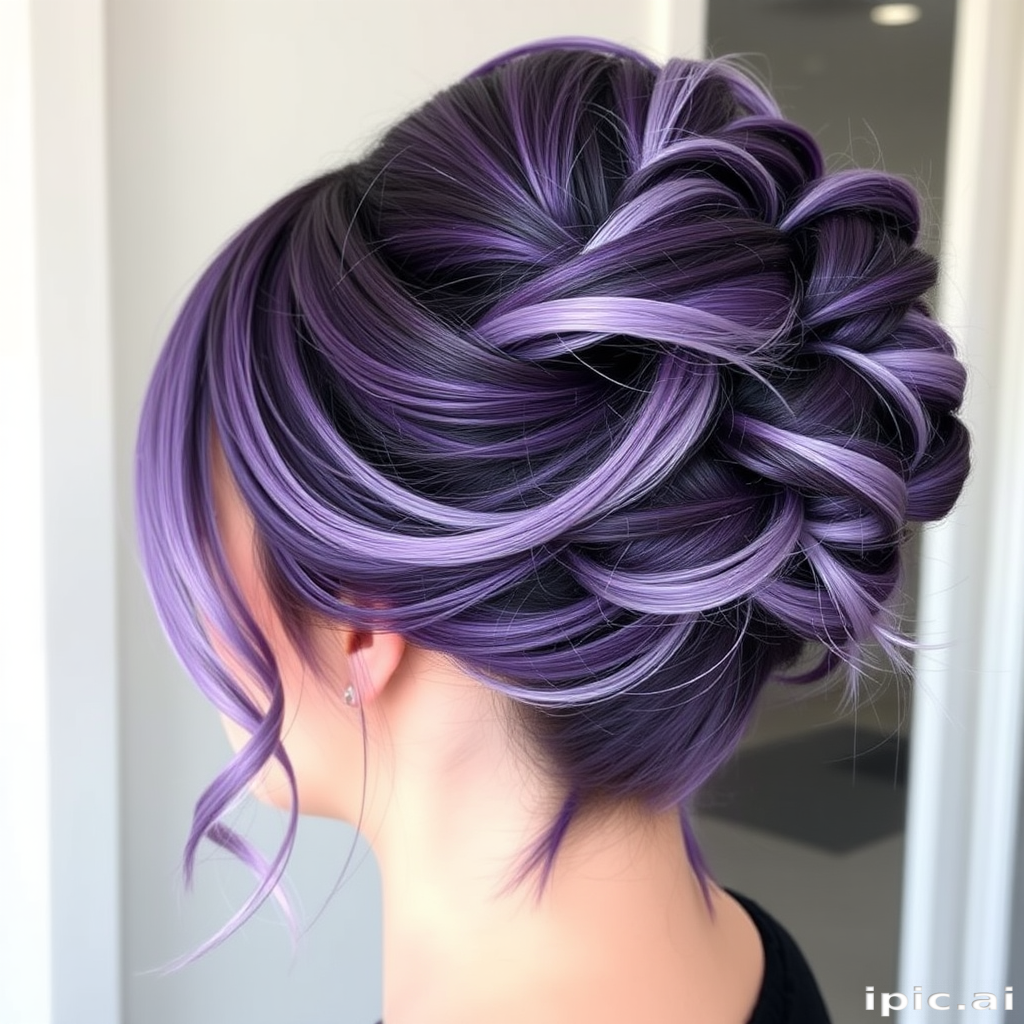 Mystic Amethyst Dream showcases a deep purple base with lighter lavender highlights, styled in an elegant chignon with wispy tendrils framing the face