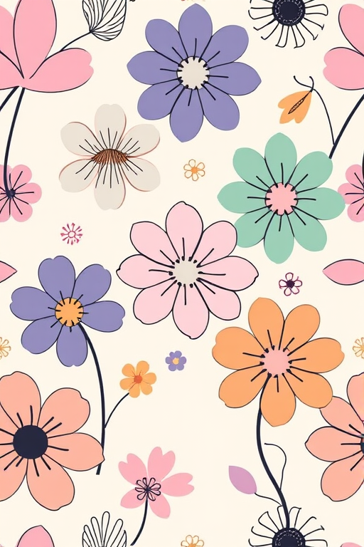 Create a seamless pattern featuring various stylized flowers in soft pastel colors such as purple blue green pink and orange with thin black outlines on a light beige background