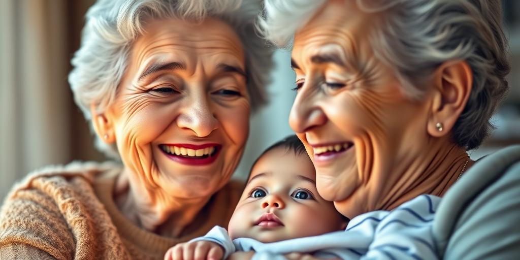 Create a high-resolution illustration of a grandmother smiling with her baby grandson, using a soft focus lens, 85mm f/1.4 aperture, in natural light, shot from eye level with a portrait orientation.