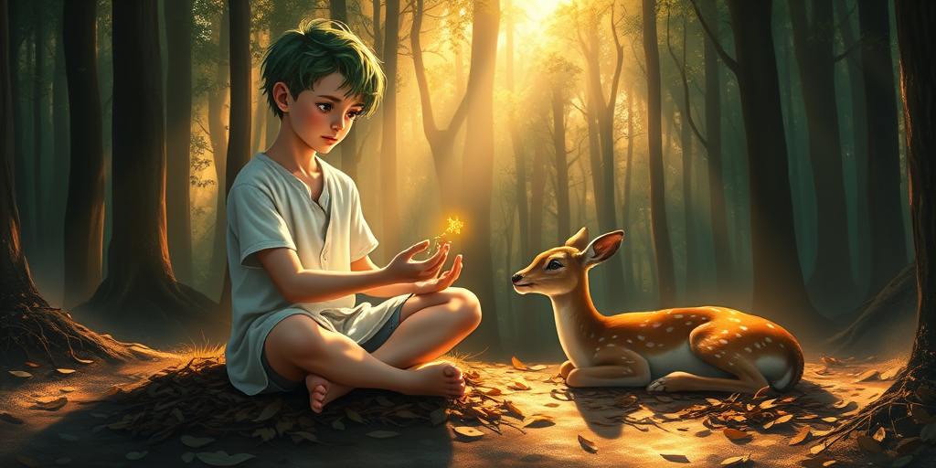 A luminous digital painting of a serene forest scene featuring a barefoot young male, about 7 years old, with green hair and fair skin, dressed in a simple white outfit. He sits cross-legged on the forest floor, gazing at a small, glowing, magical firefly in his hand. Beside him, a delicate spotted deer lies calmly on a bed of dried leaves, observing the scene. The dense forest is bathed in warm, golden light filtering through the trees, creating a peaceful, magical atmosphere with a blend of natural and mystical elements.