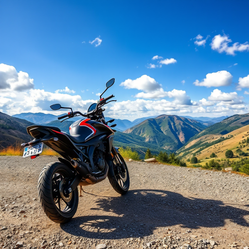 Capture a high-resolution image of a motorcycle parked on a gravel road in a mountainous landscape with a blue sky and scattered clouds, using a DSLR camera with a 24mm lens, f/8 aperture, ISO 200, 1/200 sec shutter speed, in landscape orientation.