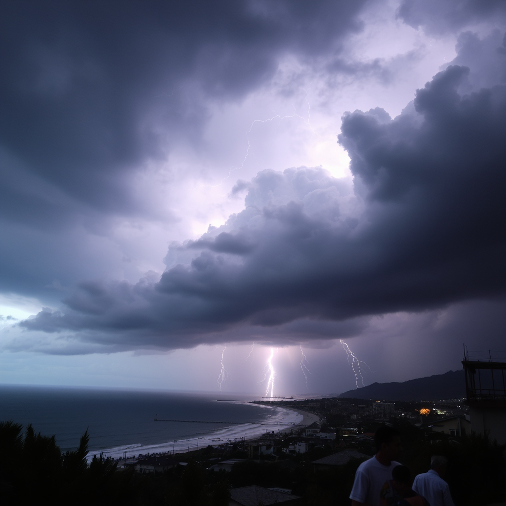 Dramatic thunderstorm over a coastal town, dark clouds rolling in, flashes of lightning illuminating the scene, and people rushing to seek shelter as raindrops begin to fall.