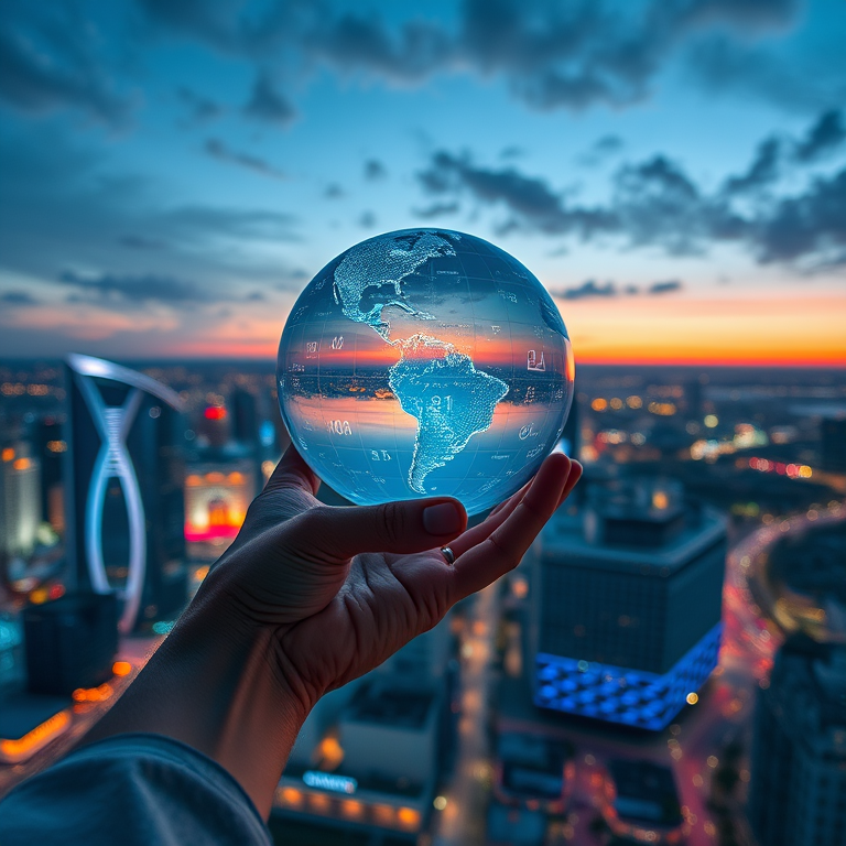 Generate a futuristic cityscape at dusk with a hand holding a transparent globe filled with digital icons, using a Canon EOS R5 with an 85mm f/1.2 lens, ISO 200, aperture f/8, and a long exposure to enhance light trails, taken from a high vantage point for a dramatic perspective.