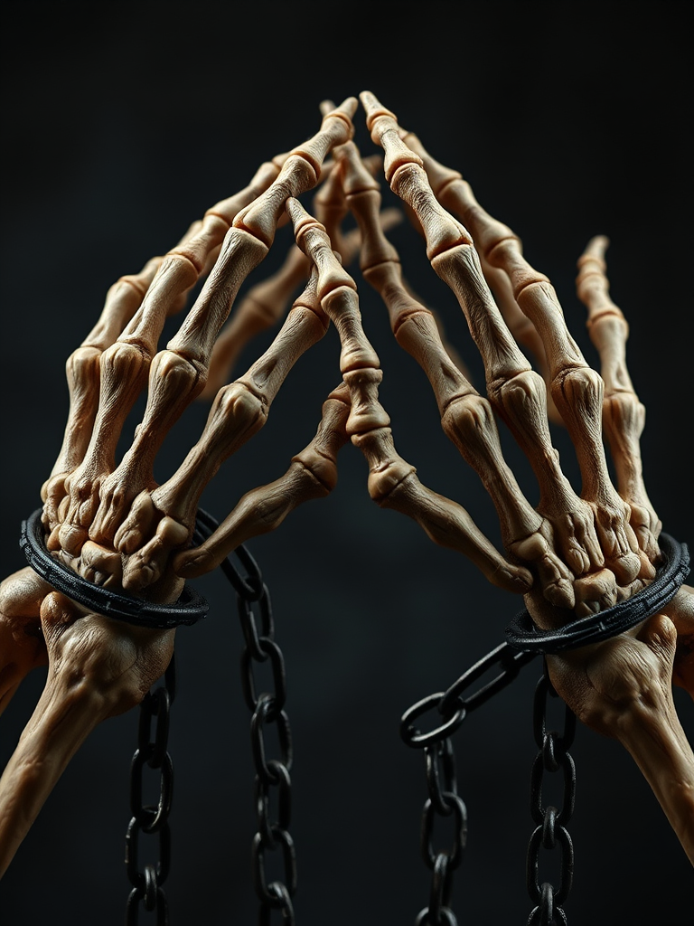 Create a high-resolution image of two skeletal hands breaking free from chains, emphasizing the intricate details of the bones and chains, shot with a Canon EOS R5 at f/8, 1/125 sec, ISO 100, with a macro lens for enhanced texture and sharpness, illuminated with soft diffused lighting to highlight contrasts and shadows.