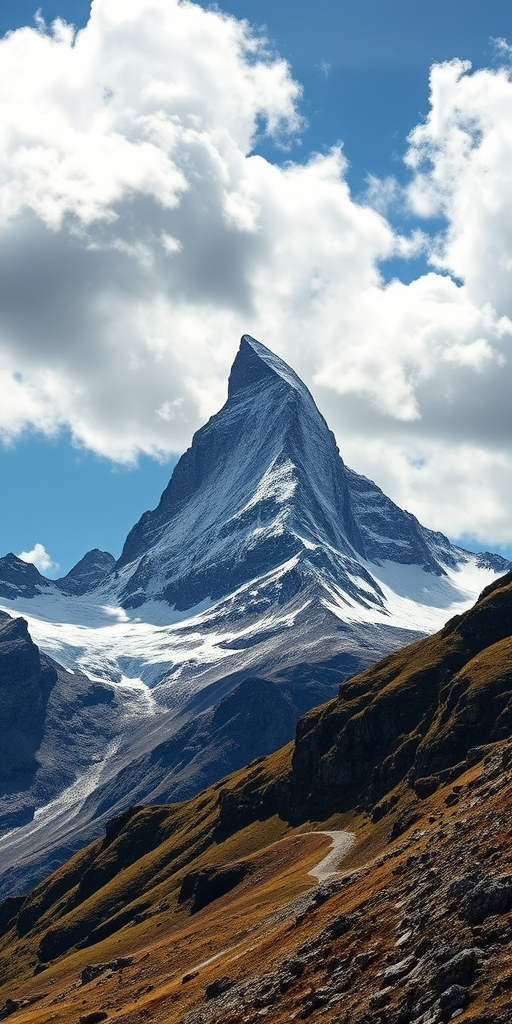 High-resolution mountain landscape featuring the Matterhorn under a partly cloudy sky, captured with a DSLR camera at ISO 100, f/8, 1/200 sec, 24mm lens, wide-angle view for sharp detail and vibrant colors.