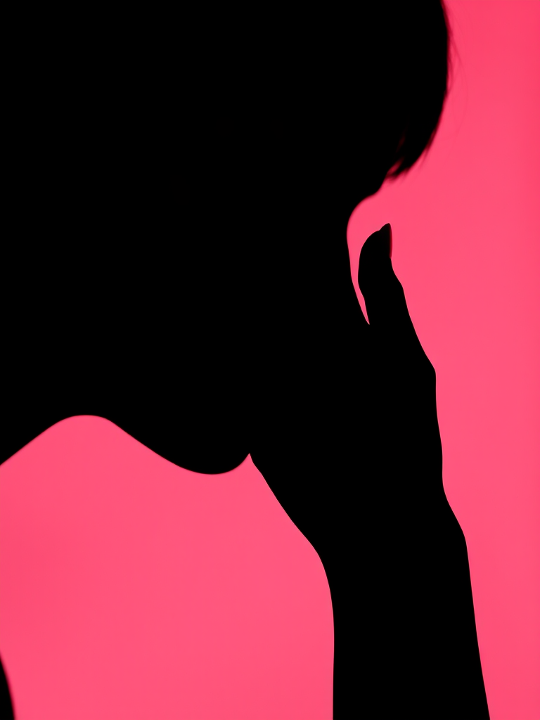 Create a minimalist artwork featuring a silhouette of a person with a hand covering their face, vibrant red nails, and a soft pink background, using a Canon EOS R5 camera, 50mm lens, aperture f/1.8, shutter speed 1/125s, ISO 100, in portrait mode for enhanced detail and contrast.