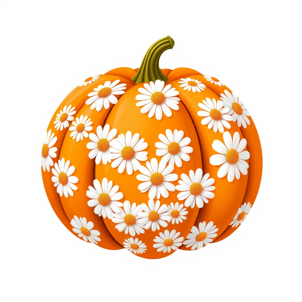 a whimsical orange pumpkin with white daises pattern covering the pumpkin. Solid white background sublimation vector 3000dpi 32k
