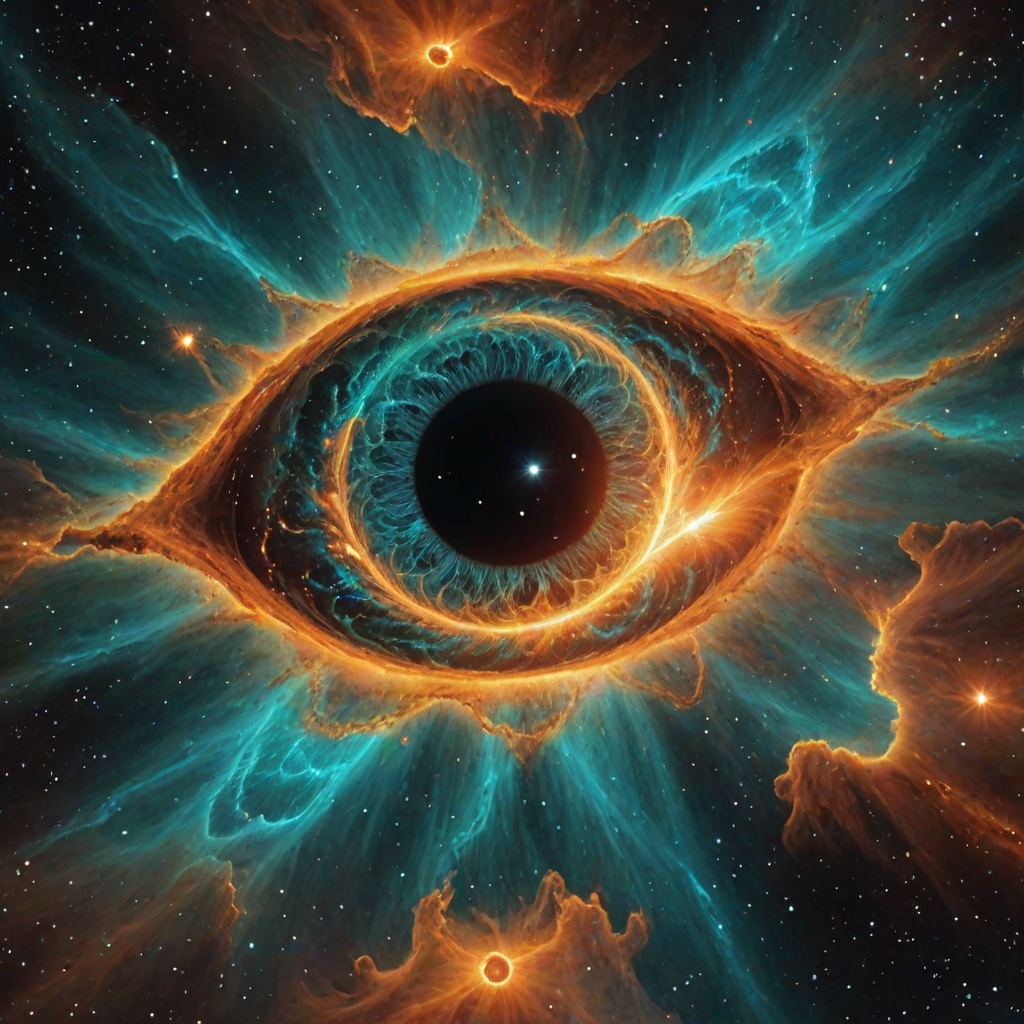Generate a stunning cosmic image of a nebula resembling an eye with vibrant orange and turquoise colors surrounding a bright central explosion of light, showcasing a starry background and intricate celestial details.
