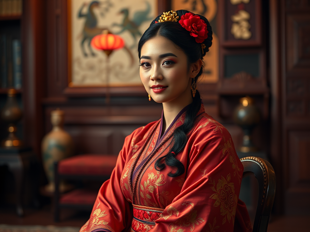 A beautiful Pacific Islander woman in traditional East Asian attire, intricately detailed with embroidered patterns, sitting gracefully in a richly decorated room, soft ambient lighting, serene and elegant, ultra-realistic, 8K resolution