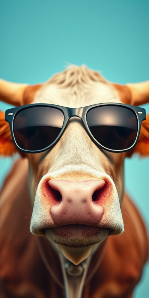 A close-up shot of a cow wearing stylish sunglasses, with a soft blue background, captured using a DSLR camera with a 50mm lens, aperture f/1.8, ISO 100, and a shallow depth of field for a professional look.