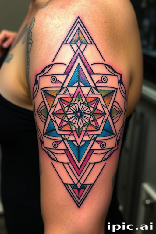 Geometric tattoo "Sacred Symmetry" combining precise linework and sacred geometry patterns in black ink with pops of vibrant color gradients for a modern, eye-catching design