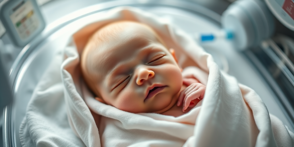 newborn baby in incubator wrapped in a soft blanket with medical equipment, soft natural lighting, macro lens, f/2.8, ISO 400, shutter speed 1/125s, centered composition, shallow depth of field, high-resolution camera