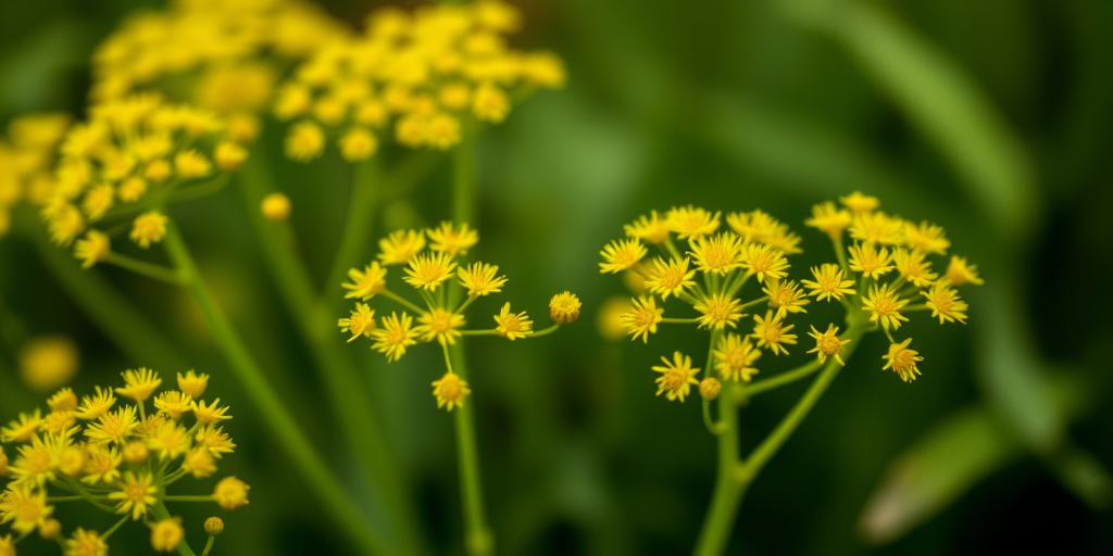 close-up of yellow dill flowers on green background, macro photography, f/2.8 aperture, 100mm lens, ISO 200, natural light, depth of field focus, DSLR camera