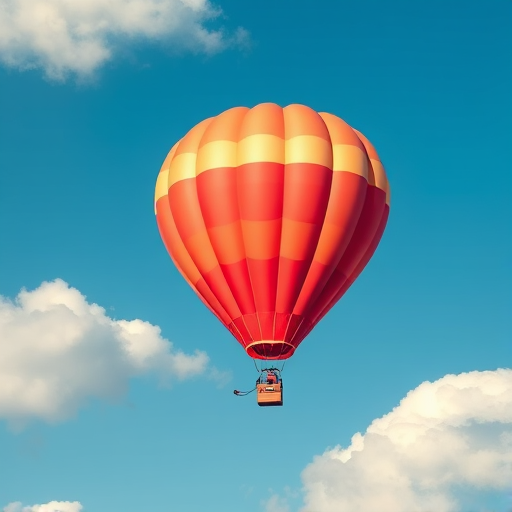 Create an illustration of a vibrant red and orange hot air balloon floating in a clear blue sky with fluffy white clouds, captured from a slightly lower angle using a digital camera with a 35mm lens, aperture set at f/8, ISO 100, and a focus on bright, vivid colors for enhanced quality.