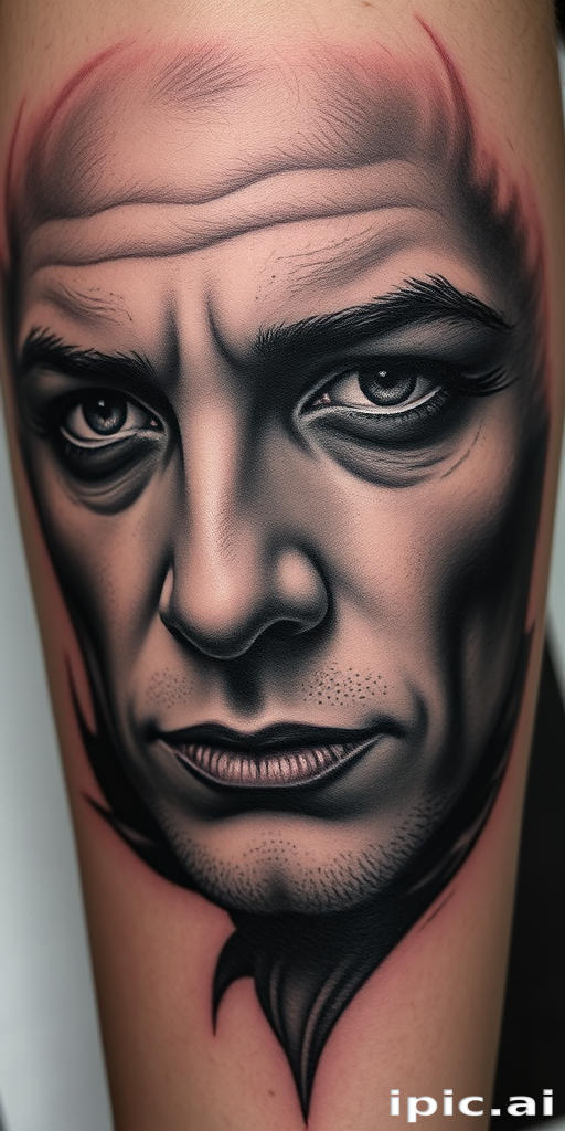 Photorealistic grayscale portrait tattoo titled "Timeless Gaze" showcasing incredible detail and shading to recreate a lifelike human face with piercing eyes and subtle facial expressions, utilizing various techniques such as stippling and cross-hatching to achieve a three-dimensional effect that seems to come alive on the skin, creating a striking and deeply personal piece of art