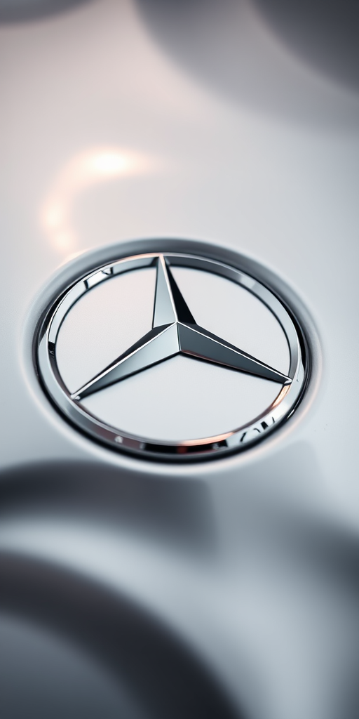 Create a high-resolution image of a distorted silver Mercedes-Benz logo on a wavy metallic background, captured with a Canon EOS R5, f/2.8 aperture, 50mm lens, ISO 100, using a soft focus lens style.