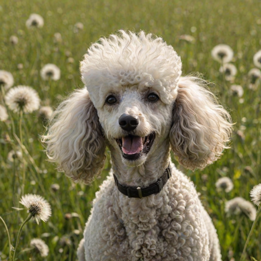 An expressive image of a poodle dog in a comedic situation where it appears to be sneezing. The dog's eyes are squeezed shut, and its ears flap as the force of the sneeze is illustrated. Mouth slightly open, visible sneeze particles flying in the air. In the background, a lush green field full of seed head dandelions.