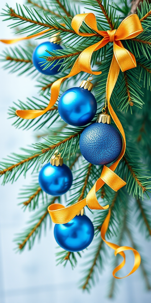 Create a vibrant illustration of a pine branch adorned with blue ornaments and golden ribbons, using a watercolor technique, shot from a close-up top-down view with a Canon EOS R5 at f/4, 1/200s, ISO 200, natural lighting.
