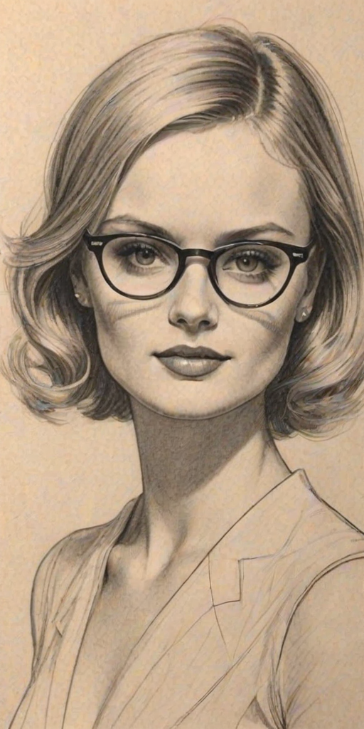 Wonderful Sara Paxton, pencil sketch, portrait of Fetching woman 1932s in glasses, hair style beatnik, outline, clear lines, fine lines, 8k
