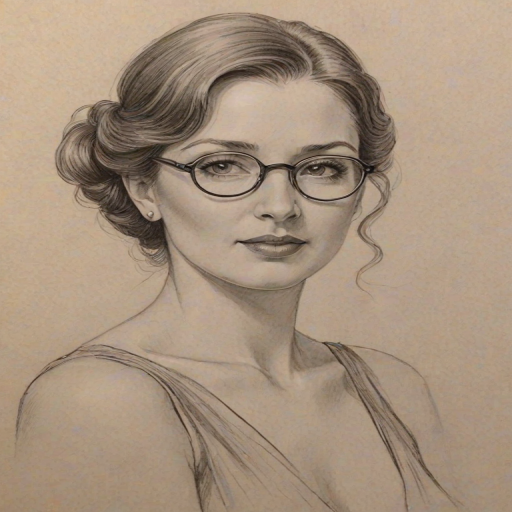 Fascinating Donna Murphy, pencil sketch, portrait of Lovely woman 1920s in glasses, hair style beatnik, outline, clear lines, fine lines, 8k