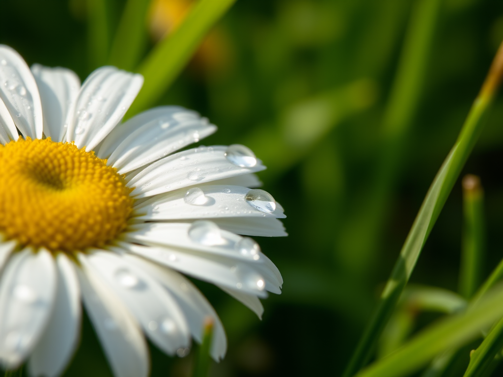 close-up of a daisy flower with dew drops on petals surrounded by soft blurred greenery, taken with a Canon EOS 5D Mark IV, 100mm f/2.8 macro lens, f/4 aperture, ISO 100, 1/200 sec shutter speed, natural soft lighting