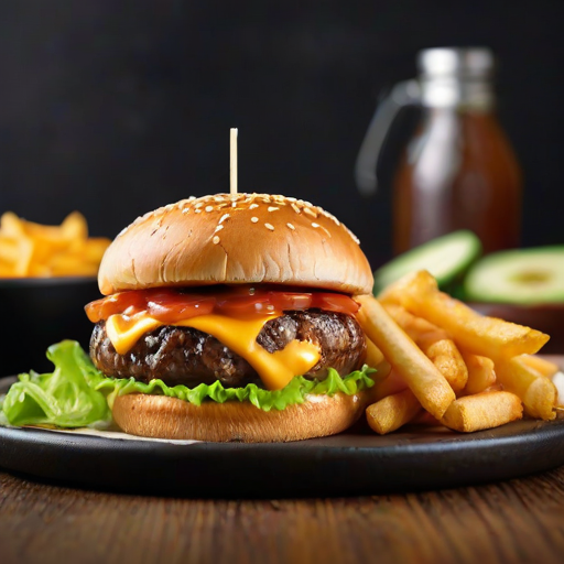 High-resolution, close-up image of a gourmet double cheeseburger. The burger features a glossy, sesame-seed-topped brioche bun. Inside, there are two thick, juicy beef patties, each topped with melted cheddar cheese. The burger is garnished with fresh lettuce, tomato slices, diced onions, and pickles. A generous amount of ketchup and a creamy, orange-colored sauce is dripping down the sides, adding to the mouth-watering appeal. In the background, there are blurred elements including a side of golden French fries and a hint of a beverage, enhancing the overall presentation of a delicious meal.