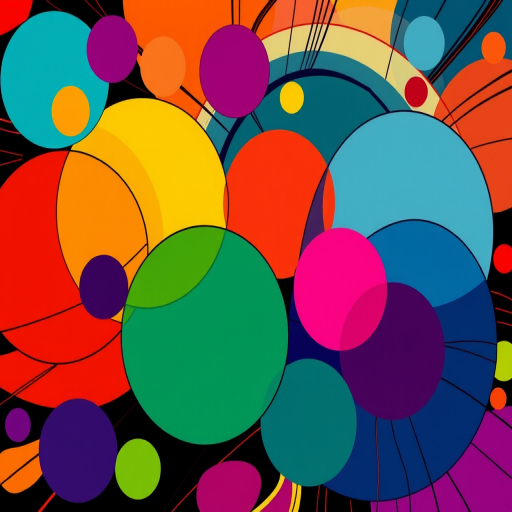 Create a vibrant abstract illustration featuring colorful circular shapes with contrasting outlines and dynamic lines in a high-contrast style, captured with a DSLR camera at f/8, ISO 100, 24mm lens, and a wide-angle view to enhance depth and detail.