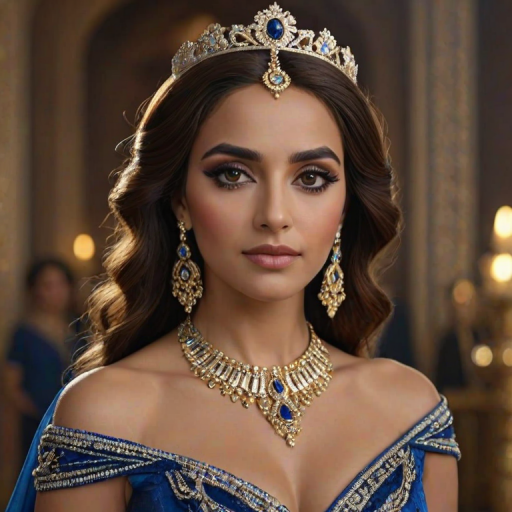 A gorgeous Coptic woman in a luxurious blue gown, accessorized with a dazzling tiara and statement earrings, her deep Yellow eyes highlighted by impeccable makeup, poised in a royal setting, photorealistic, 8K quality