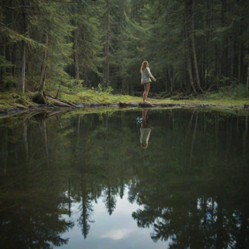 Serene forest pond, the water still and calm, with a woman standing on the edge, her reflection clear in the glassy surface below.