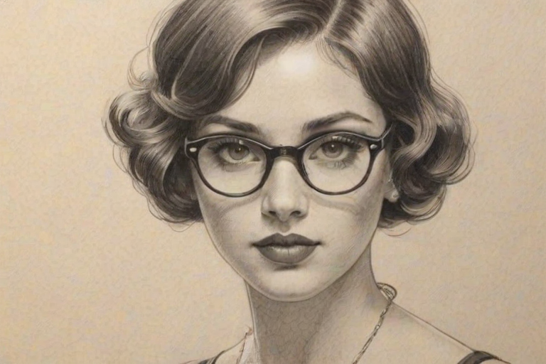 Comely Scarlett Estevez, pencil sketch, portrait of Captivating woman 1927s in glasses, hair style beatnik, outline, clear lines, fine lines, 8k