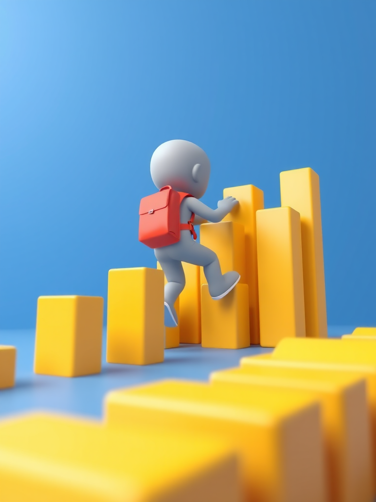 3D illustration of a small character with a backpack climbing yellow bar graphs, blue background, focus on the character, 50mm lens, f/2.8 aperture, ISO 100, studio lighting, high-resolution render.