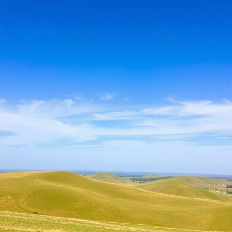 Generate a high-resolution image of a serene landscape with rolling hills and a clear blue sky, shot with a DSLR camera using a 35mm lens at f/8, ISO 100, and a shutter speed of 1/250s, captured from a wide-angle perspective to enhance depth and detail.