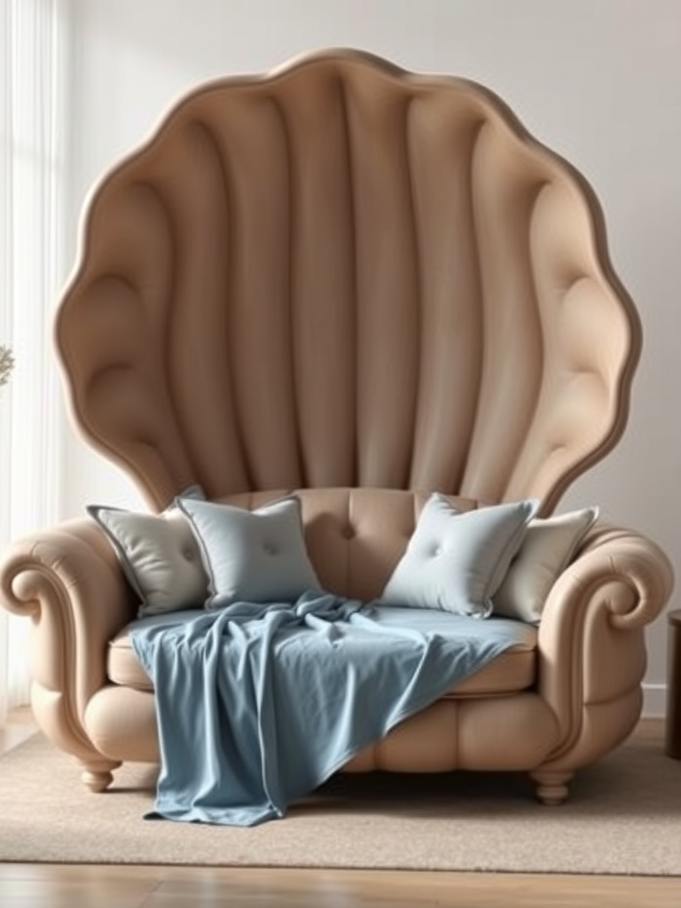 create a digital illustration of a large, open clam shell sofa with a soft blue blanket and decorative pillows, using a high-resolution setting with a focal length of 35mm, aperture set to f/2.8, soft natural lighting, viewed from a slightly elevated angle, using a DSLR camera type for enhanced image quality