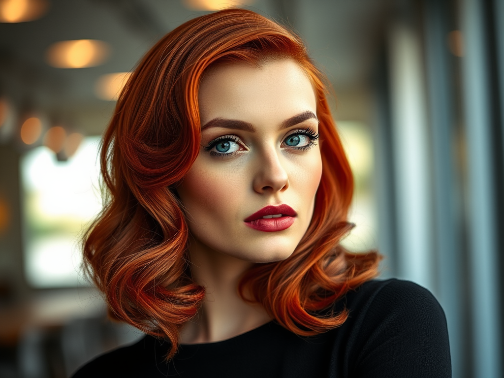 portrait of a woman with elegant retro hairstyle and red hair, soft lighting, shallow depth of field, 85mm lens, f/1.8 aperture, ISO 100, natural light, high-resolution shot, vibrant colors, modern aesthetic background