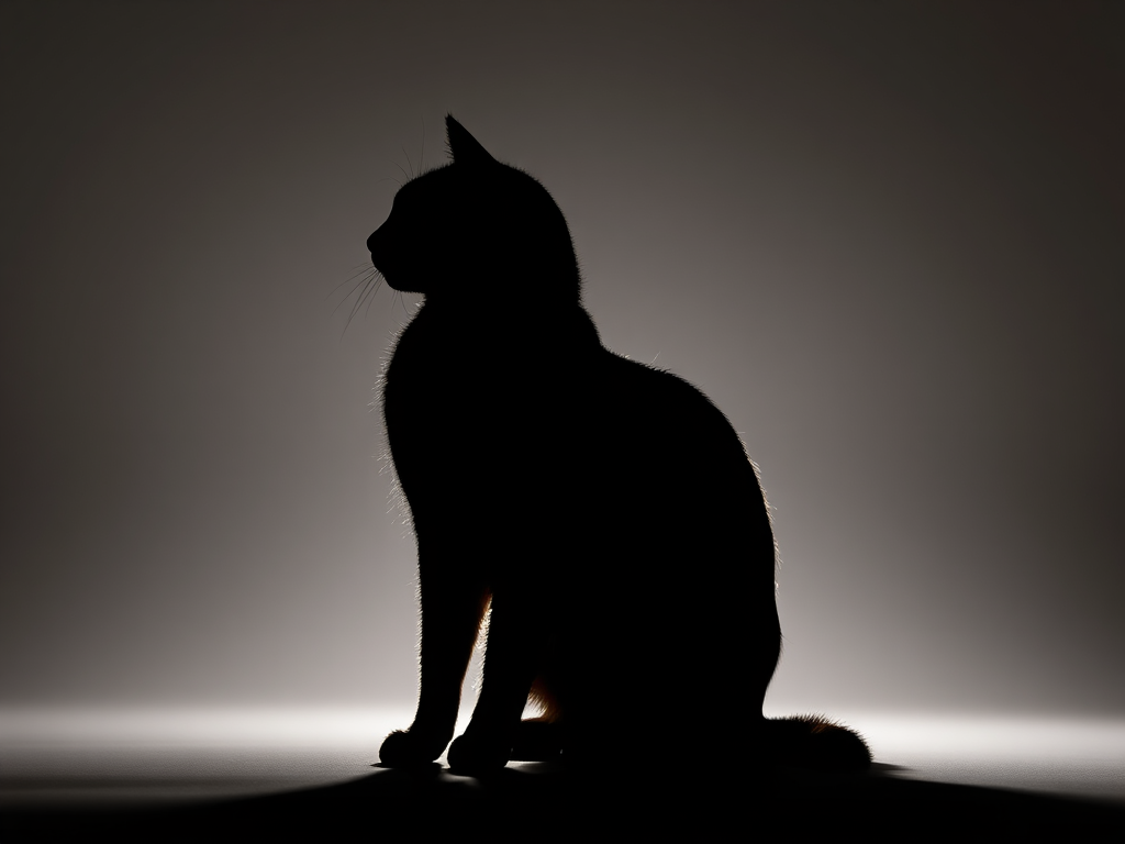 Generate a high-resolution silhouette image of a cat sitting gracefully, shot with a DSLR camera at f/2.8 aperture, ISO 100, 50mm lens, backlit with soft light for contrast, viewed from a low angle to emphasize the shape, in a studio setting for enhanced clarity and detail.