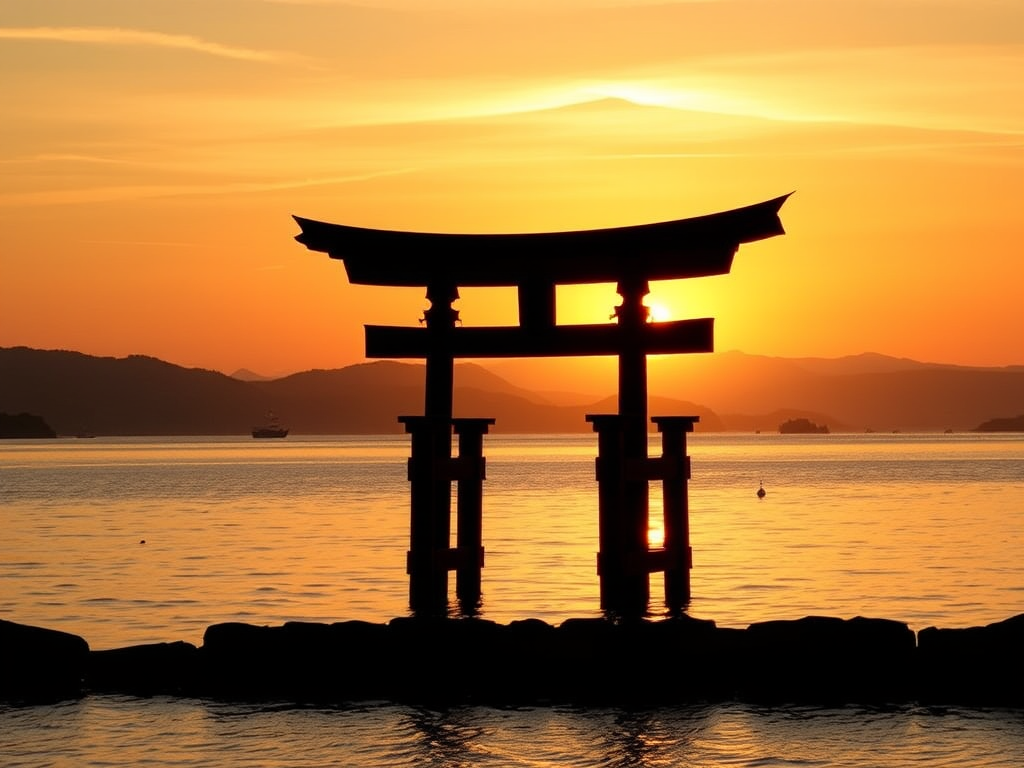 Capture a sunset scene with a silhouetted torii gate over calm waters, use a Canon EOS R5, aperture f/8, shutter speed 1/125s, ISO 100, with a wide-angle lens at 24mm, in landscape orientation for enhanced image quality.