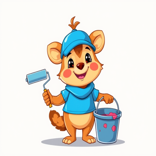 Create a vibrant cartoon character illustration of a playful animal in a blue cap holding a paint roller and a bucket, with a cheerful expression, against a simple background, using a DSLR camera with a 50mm lens, f/1.8 aperture, ISO 200, and soft natural lighting.