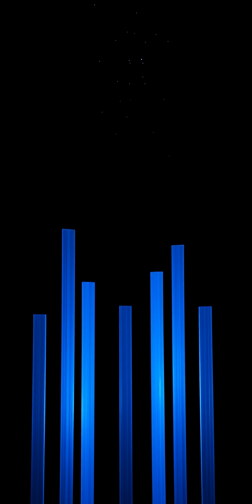 Create a high-resolution digital artwork of abstract blue vertical bars against a black background, with a starry effect overhead, using a Canon EOS R5 camera, 24mm lens, f/8 aperture, ISO 100, and a long exposure of 10 seconds to capture detailed light and color variations.