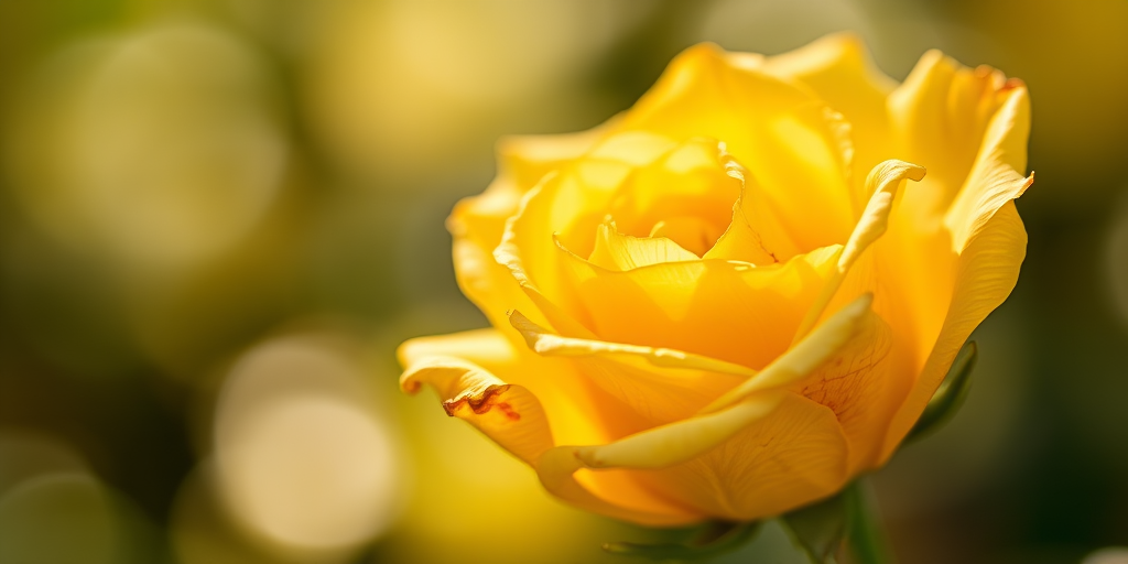macro shot of a wilted yellow rose with soft blurred background, ISO 200, aperture f/2.8, shutter speed 1/125s, natural light, DSLR camera