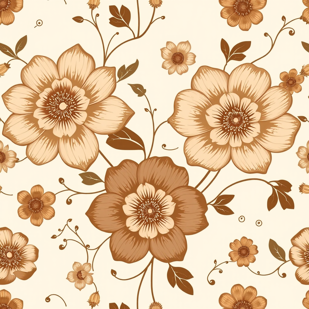Create a seamless floral pattern featuring large brown and beige flowers with intricate designs, accompanied by smaller flowers and gentle vines on a light beige background.