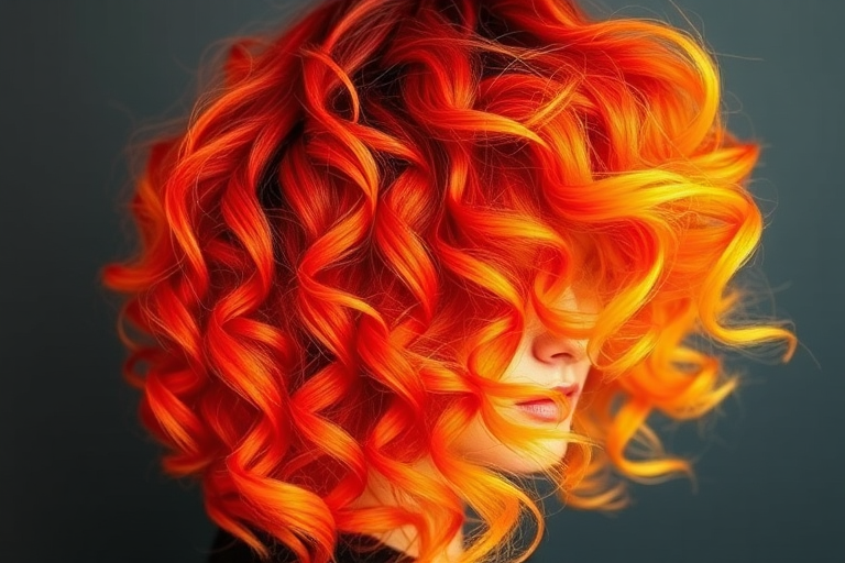 Fierce flame-inspired ombre from deep red roots to vibrant yellow tips, styled in voluminous curls for a bold and dynamic look named Phoenix Rising