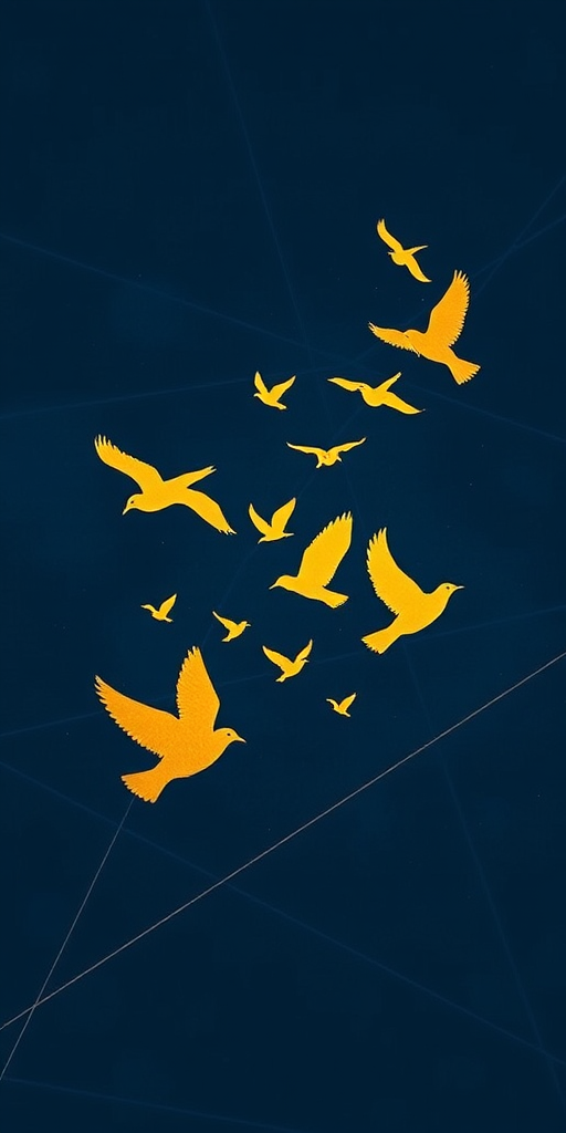 Create an image of a golden silhouette of various birds in flight against a dark blue abstract background featuring interconnected geometric lines, using a DSLR camera with a 50mm lens, aperture f/1.8, ISO 100, and a shallow depth of field for enhanced clarity and detail.