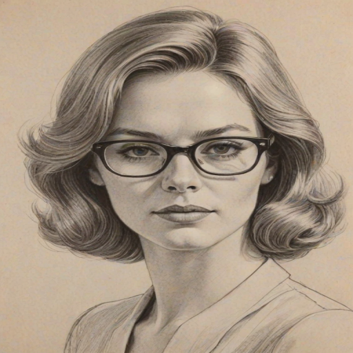 Resplendent Catherine Curtin, pencil sketch, portrait of Elegant woman 1972s in glasses, hair style beatnik, outline, clear lines, fine lines, 8k