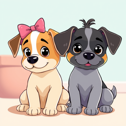 Generate a vibrant cartoon-style image of two cute dogs sitting close together, the first dog has a pink bow on its head and the second dog has a small tuft of hair, use a high-resolution digital format with a wide-angle view, set the camera to f/2.8 for a shallow depth of field, ISO 100 for clarity, and a shutter speed of 1/200s to capture the vivid colors and details.