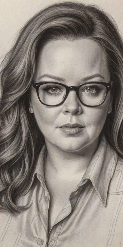 Enticing Melissa McCarthy, pencil sketch, portrait of Magnificent woman 1979s in glasses, hair style beatnik, outline, clear lines, fine lines, 8k