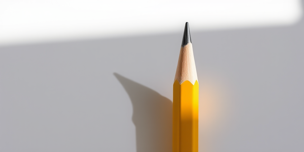create a high-resolution image of a yellow pencil with a realistic shadow, using a DSLR camera set to f/2.8 aperture, 35mm focal length, in natural light, from a slightly elevated angle to enhance depth and detail