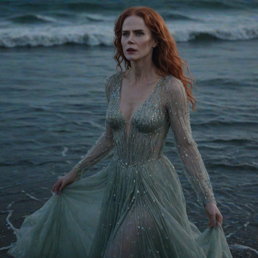 Bewitching image of Nicole Kidman, Big Little Lies star, with her porcelain skin and cascading red curls, emerging from misty waves in a sheer, iridescent gown, on a moonlit beach dotted with bioluminescent algae