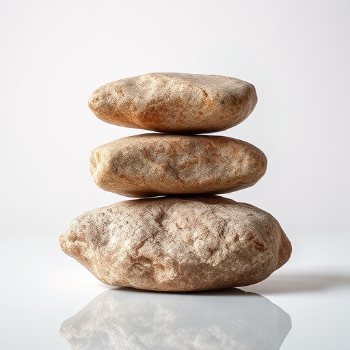 high-resolution image of three textured rocks stacked on top of each other with a reflective surface, studio lighting, 50mm lens at f/8, ISO 100, soft focus background, DSLR camera
