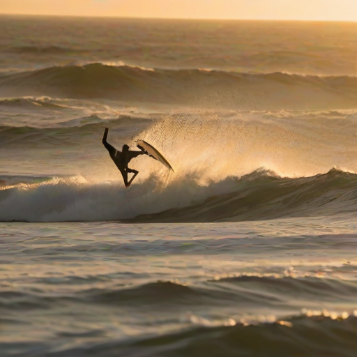 Blurry action shot of a kite surfer catching air over a massive wave, soft sunset light casting golden hues on the water, with a distant horizon barely visible through the spray.