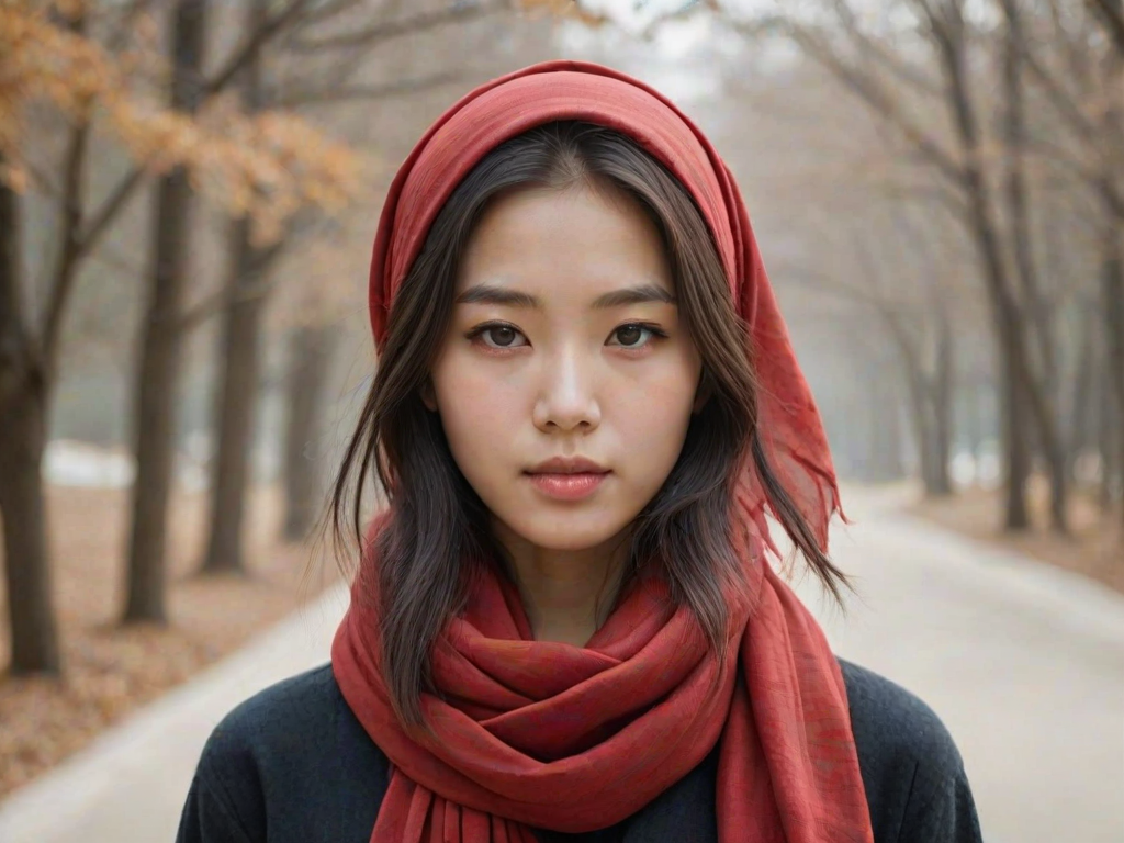 Create a portrait of a young Korean woman with long, dark hair and captivating hazel eyes. She is wearing a red headscarf and a matching scarf draped gracefully around her neck. The background is softly blurred, focusing attention on her serene and natural expression. The overall color palette is muted and warm, enhancing the intimate and authentic feel of the portrait.
